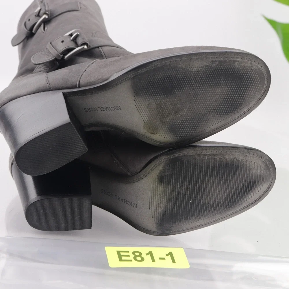 Michael Kors Womens Ashton Boots Size 7.5 Gray Leather Block Heel Bootie Buckles